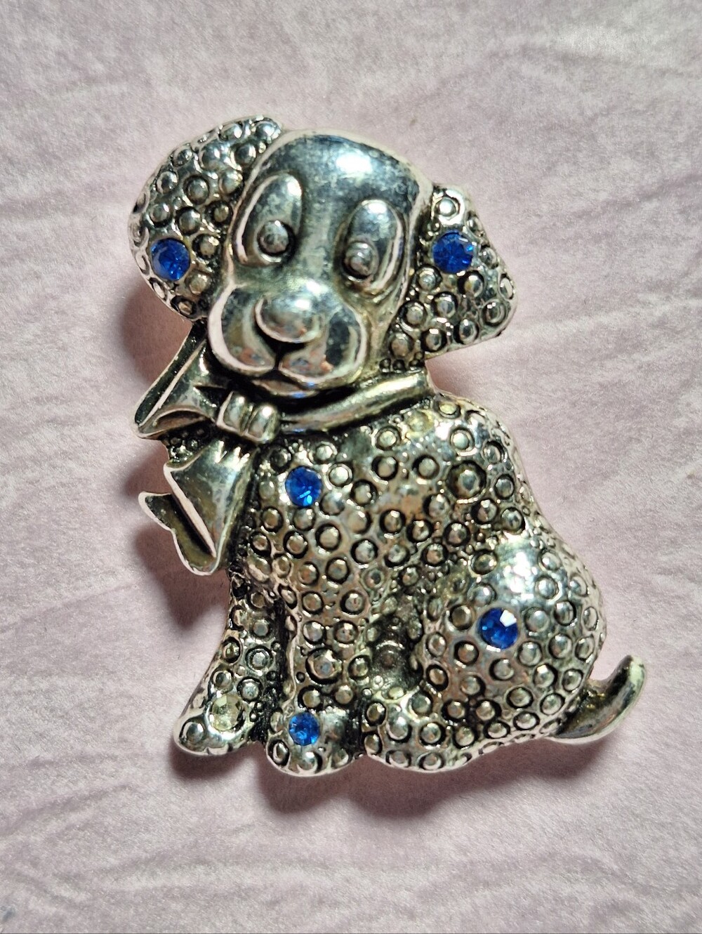 Vintage Silver-Tone Blue Crystal Dog Brooch - Stamped AAI